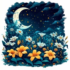 Meadow of flowers in the light of the crescent moon