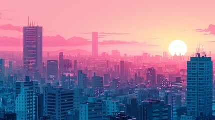 Beautiful anime-style illustration of a city skyline at twilight