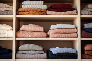 Stacks of colorful clothes on the shelf. generative AI
