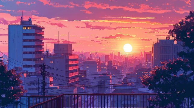 Beautiful anime-style illustration of a city skyline at twilight