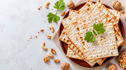 Jewish matzo and nuts on a light background Passover holiday