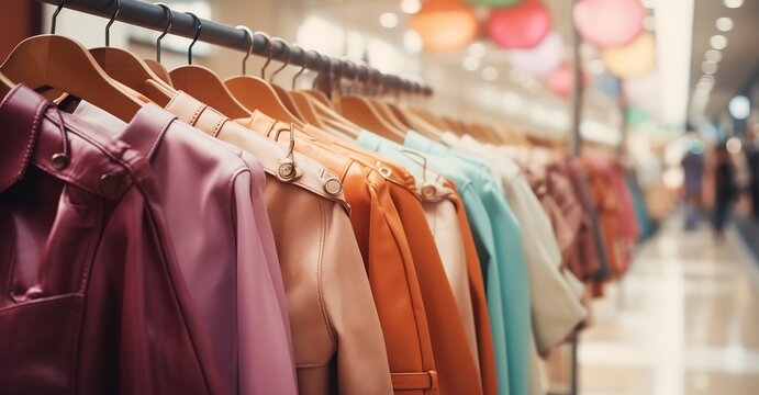 Rows of colorful clothes in the shop. generative AI
