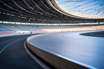 An expansive indoor velodrome with curving tracks. - obrazy, fototapety, plakaty