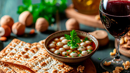 holiday Jewish matzo and glazed ball soup with red wine and nuts on the festive table