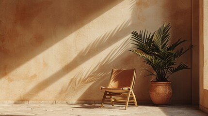 Interior of a bright spacious room with sunny days on the wall. Apartment with an empty wall, a chair and an indoor flower - palm tree. Interior Design.