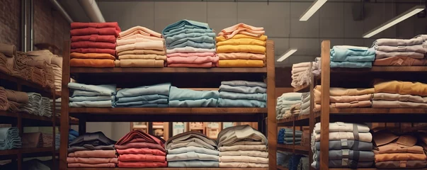Fotobehang Stack of colorful fabrics on the shelf. generative AI © original logo