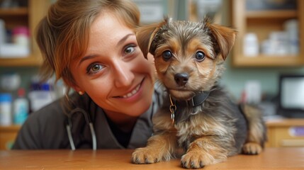 A veterinarian is treating a puppy in the clinic.