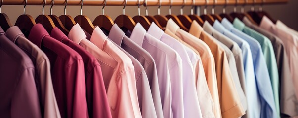 Fototapeta premium Rows of colorful clothes hanging on the shelves. generative AI