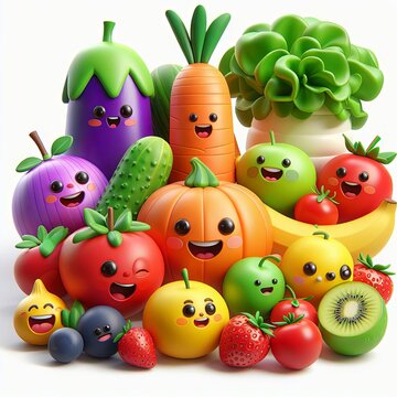 A funny cartoon image of a various fruits and vegetables