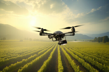 Fototapeta na wymiar Agriculture drone flying over farmland. High technology innovations and smart farming