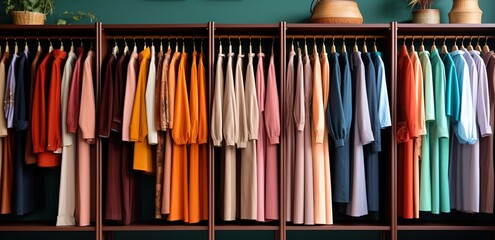 Rows of colorful clothes hanging on the shelves. generative AI