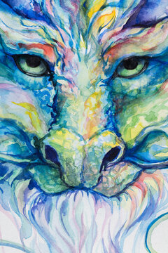 Dragon face colorful paint in watercolor on a white background in a realistic manner, colorful, rainbow.