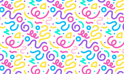Fototapeta na wymiar Colorful line doodle seamless background pattern. Fun and creative minimalist art background for kids. Simple childish trendy doodle backdrop.