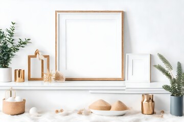 Fototapeta na wymiar Mockup frame on shelf in living room interior,Scandinavian style