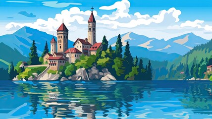 cartoon illustration of castle nestled amidst lush greenery, perched on a rocky outcrop surrounded by tranquil waters