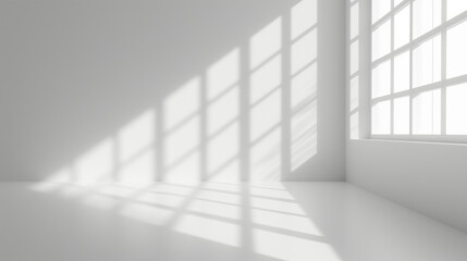 Abstract white studio background for product presentation. Empty room with shadows of window. Display product with blurred backdrop. Soft focus, Ai generated image - obrazy, fototapety, plakaty