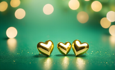 Obraz na płótnie Canvas Three small gold heart on a sparkling soft green background, Valentine's Day, Christmas. Generative AI