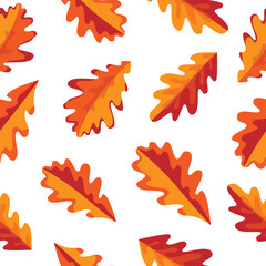 Seamless pattern of autumn oak leaves isolated on white background. Hand drawn vector illustration.