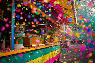 A rainbow of confetti enveloping a carnival food stand, colorful background, Carnival