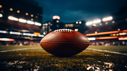 Pallone da football americano sul prato del campo dello stadio di una città americana la sera con le luci accese