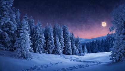 Winter landscape snow covered trees at night with a moon in clear sky, lens flares, organic texture