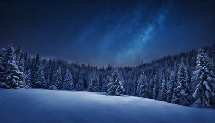 Winter landscape snow covered trees at night with clear sky, lens flares, organic texture