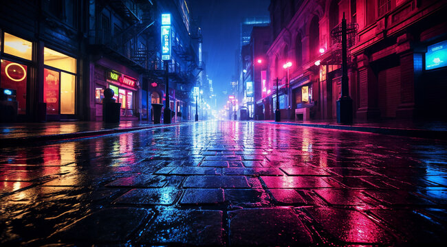 A City Street With A Wet Sidewalk And Buildings Lit Up At Night With Bright Lights On The Buildings And The Street Lights Reflecting Off Of The Wet Pavement, Generative Ai