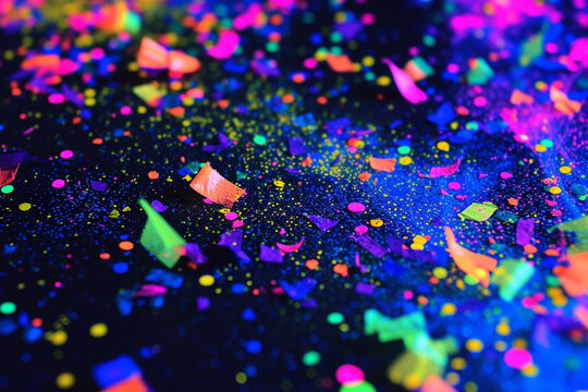 Neon confetti on a black light-illuminated carnival scene, colorful background, Carnival