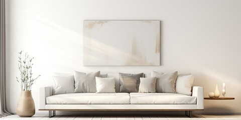 Fototapeta na wymiar Minimalistic and cozy contemporary interior with white sofa, soft cushions, and glass table.