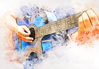 Abstract colorful shape on acoustic Guitar in the foreground on Watercolor painting background and Digital illustration brush to art.