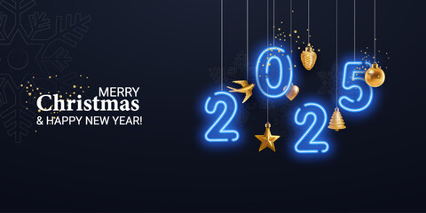 Horizontal neon Christmas New Year banner 2025. Realistic Christmas tree toys hanging down. Golden ball, bird, cone, star Christmas poster, holiday banner, Flyer, Stylish brochure, greeting card