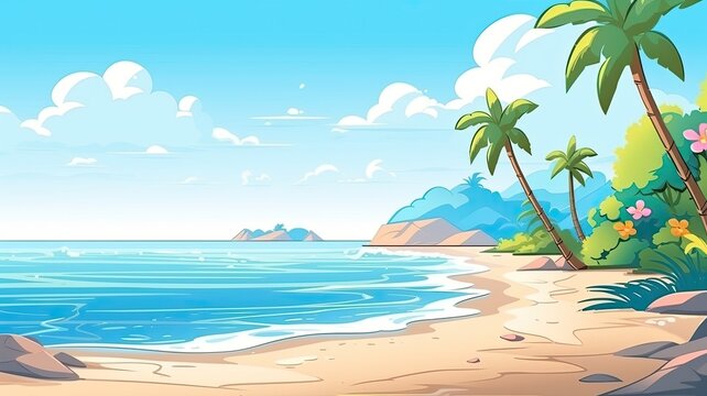 cartoon illustration of Landscape, nature vacation, ocean or sea seashore.