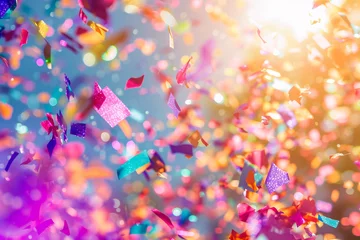 Photo sur Plexiglas Carnaval A cascade of rainbow confetti on a sunlit carnival setting, colorful background, Carnival