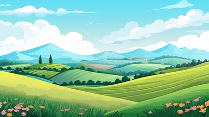 cartoon illustration of landscape with hills, meadows, blue sky with fluffy white clouds.