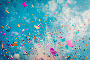 Fototapeta na wymiar A confetti-filled sky above a carnival fireworks show, colorful background, Carnival