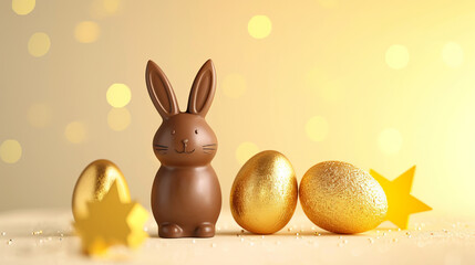 Fototapeta na wymiar One Easter chocolate bunny sitting next to golden eggs, yellow stars, glare bluer bokeh background, minimalistic festive style, copy space, delicious sweets rabbit, design banner, concept happy