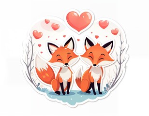 two cute foxes sitting close together, surrounded by a heart-shaped border and six hearts floating around them.