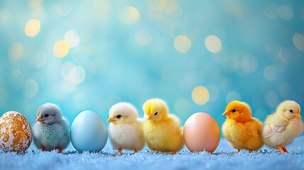 Easter banner, many cute little colorful chicks sitting next to eggs in line, against azure bright bokeh, blurred indigo blue background, minimalistic style, concept happy Holliday, copy space above - obrazy, fototapety, plakaty