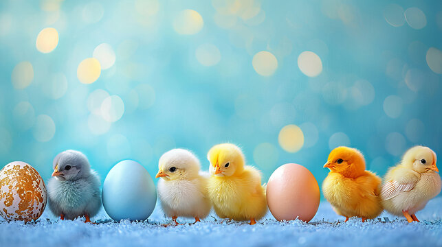 Easter banner, many cute little colorful chicks sitting next to eggs in line, against azure bright bokeh, blurred indigo blue background, minimalistic style, concept happy Holliday, copy space above