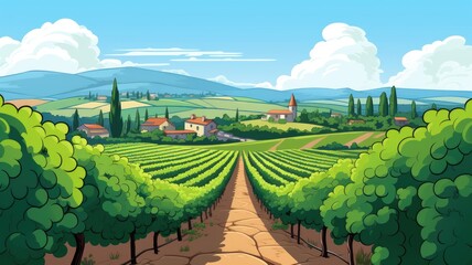 cartoon illustration of Landscape with of vineyard.