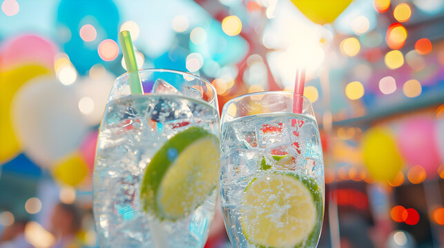 Cinematic photograph of two gin tonic sparkling cocktail with lime  at a colorful amusement park. Heart shaped balloons and confeti. Valentines. Love
