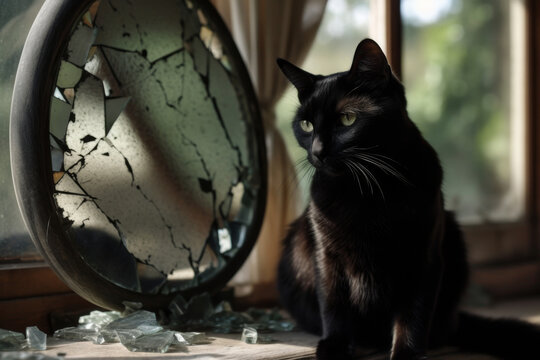 Black cate next to a broken mirror, bad luck