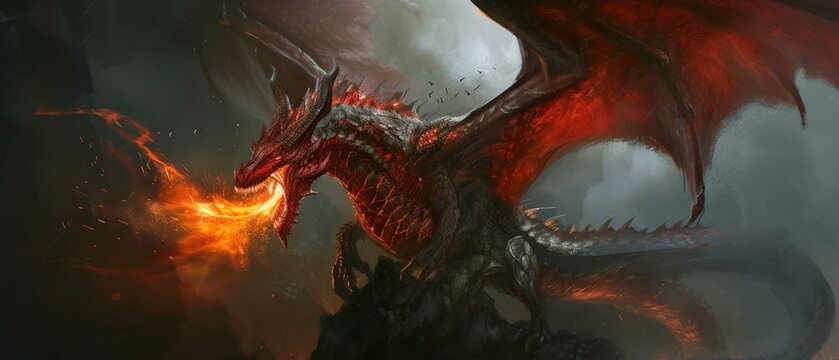 a majestic red giant dragon, skillfully breathing fire against a dark and atmospheric background, mythical creature, fantasy