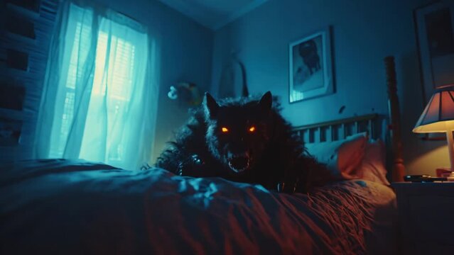 Сhild had nightmare. Scary werewolf with glowing eyes sit on bed. Spooky creepy creature. Insomnia or sleep paralysis concept. Bad dream. Anxiety stress problem. Monster or demon wolf. Mental health.