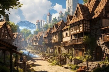 Fototapeta premium small medieval village illustration