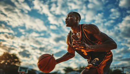 Ready to jump. African-american young basketball player in action and motion. Concept of sport, movement, energy and dynamic, healthy lifestyle. Arena's drawned