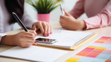 Event planner, timetable agenda plan, using mobile, talking not and calendar on office desk, close-up shop, copy space for text