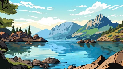 cartoon illustration coastal village nestled amidst lush greenery, with majestic mountains in the background under a clear sky.
