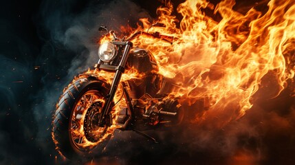 Modern Motorcycle Land Vehicle in fire flying on the black background. Horizontal Illustration. Transportation and Motion. Ai Generated Illustration with Fast Reliable Motorcycle Land Vehicle.
