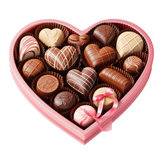 Heart shaped box with delicious chocolate candies on white background.